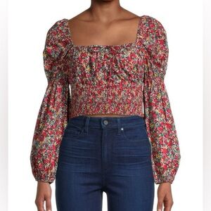 Jacqui E New Multicolor Floral Puff Sleeve Smocked Blouse cropped